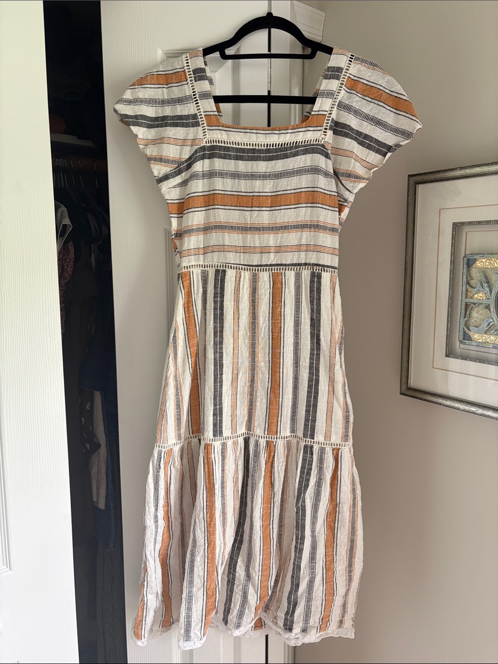 Square-Neck Striped Midi Dress in White, Tan & Gray